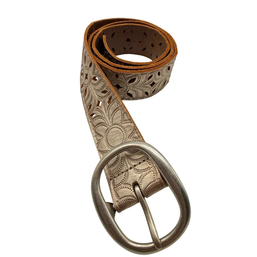 Fossil Laser Cut Floral Leather Belt Womens S Metallic Rose Gold Excellent Boho